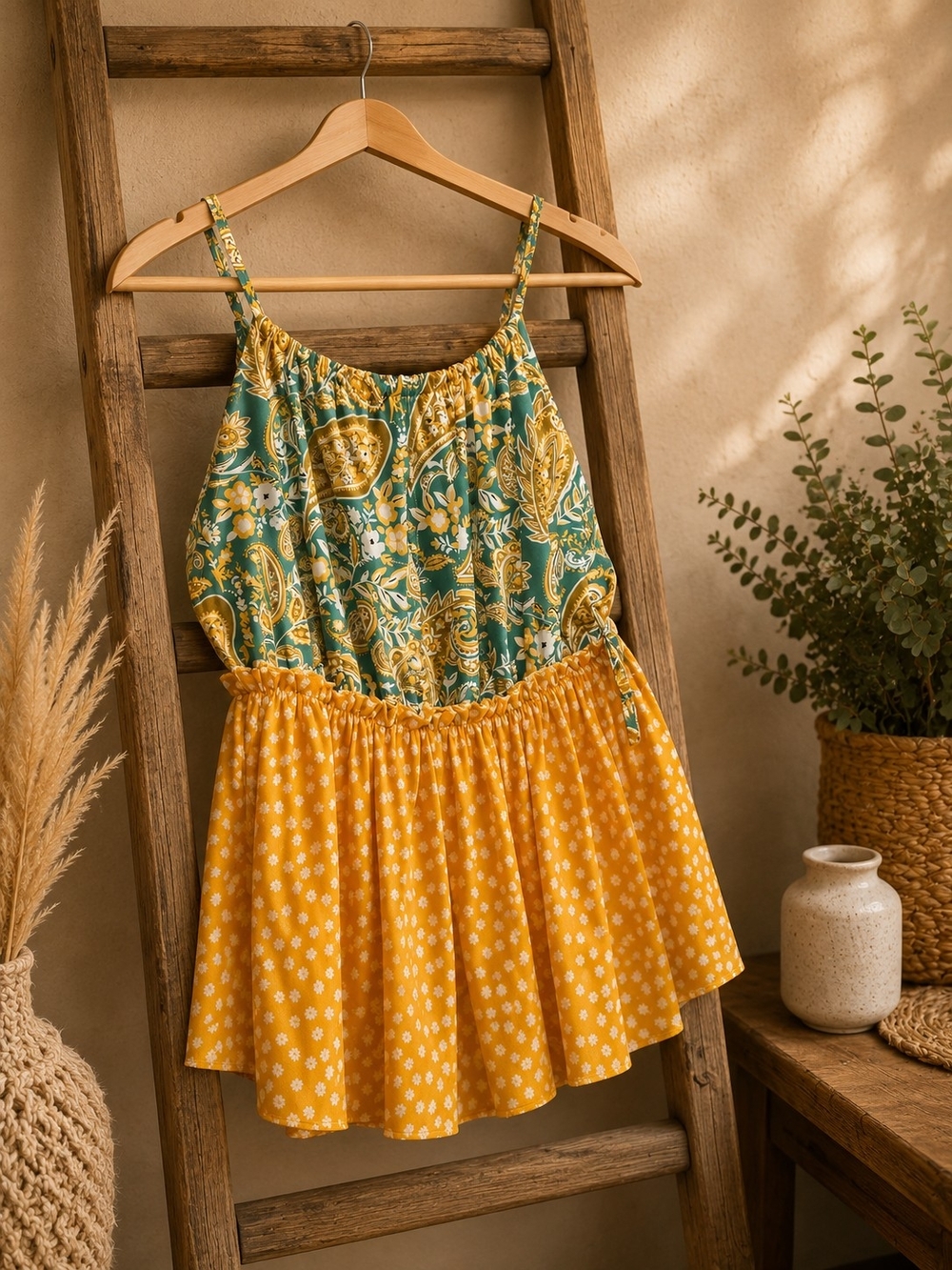 Floral Paisley Spaghetti Strap Tank Top in Green and Mustard